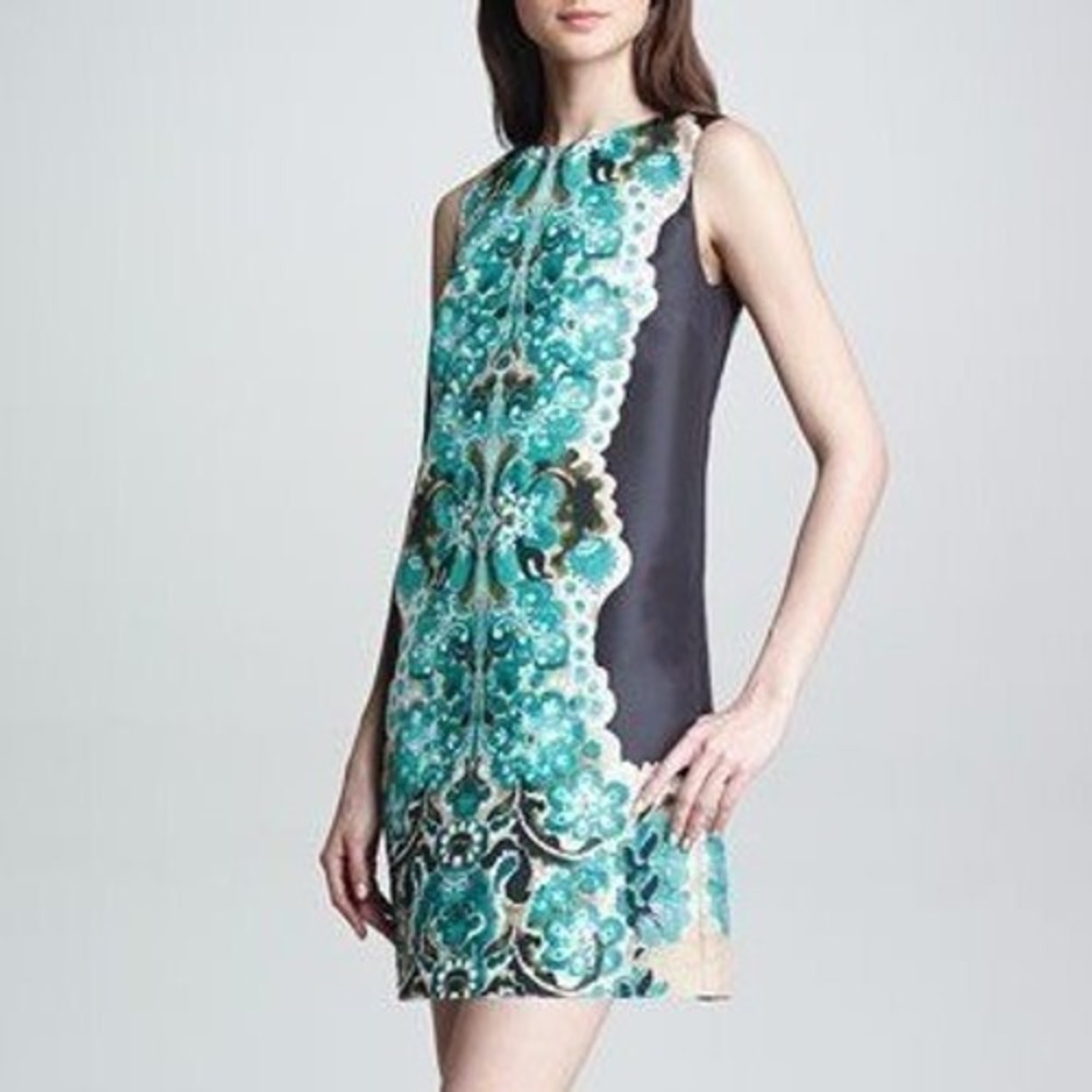 Red Valentino Green Black‎ Floral Sheath Dress Mini 38 Sleeveless FAILLE Size 2
